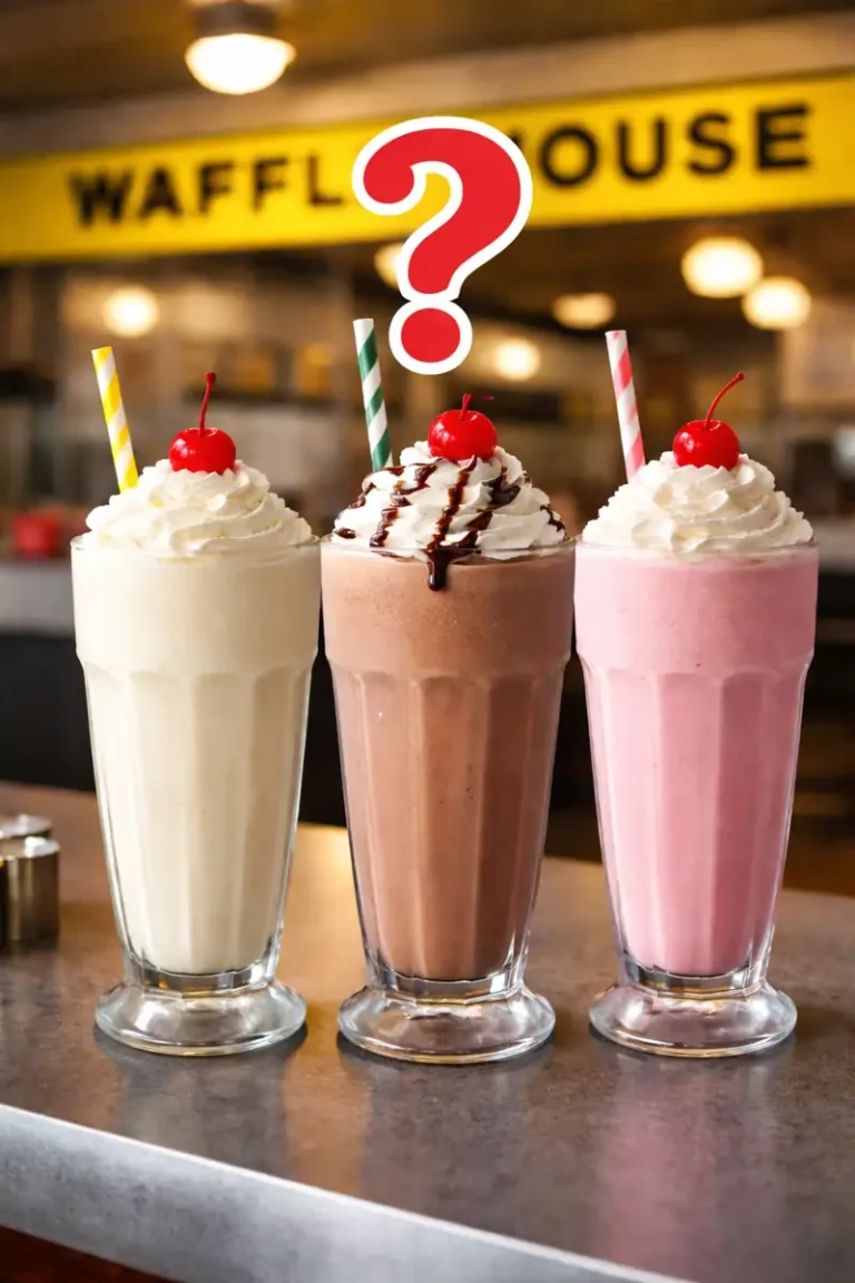 Waffle House Milkshakes | Are These Available on the Menu in 2025? 4 Waffle House milkshakes in vanilla, chocolate, and strawberry with a question mark showing availability
