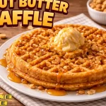 Golden brown Waffle House peanut butter waffle topped with melted peanut butter chips, butter, and syrup, served on a plate in a warm diner-style setting.
