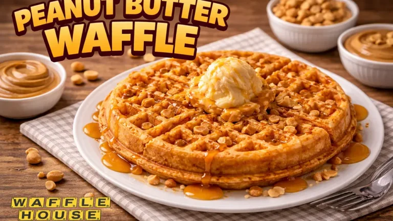 Golden brown Waffle House peanut butter waffle topped with melted peanut butter chips, butter, and syrup, served on a plate in a warm diner-style setting.