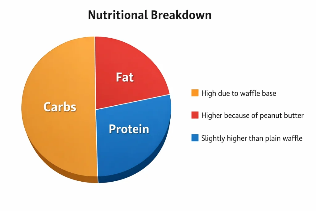 Pie chart showing Waffle House peanut butter waffle nutrition breakdown with carbs highest, fat higher due to peanut butter, and protein slightly higher than a plain waffle.