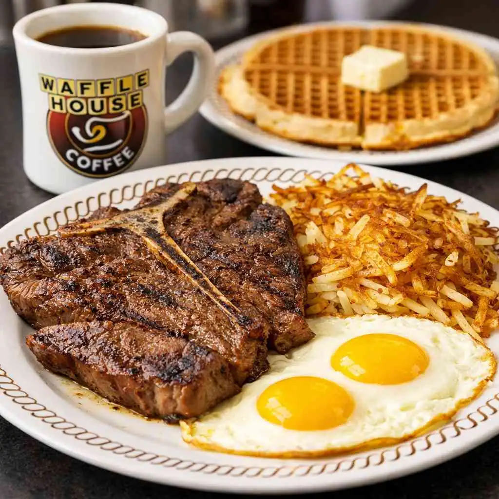 Waffle House T-Bone steak served with crispy hashbrowns and a cup of coffee on a diner plate