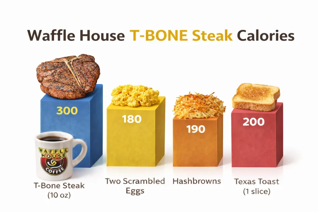 Waffle House T-Bone steak calories chart showing steak, eggs, hashbrowns, and Texas toast with proportional calorie bars.