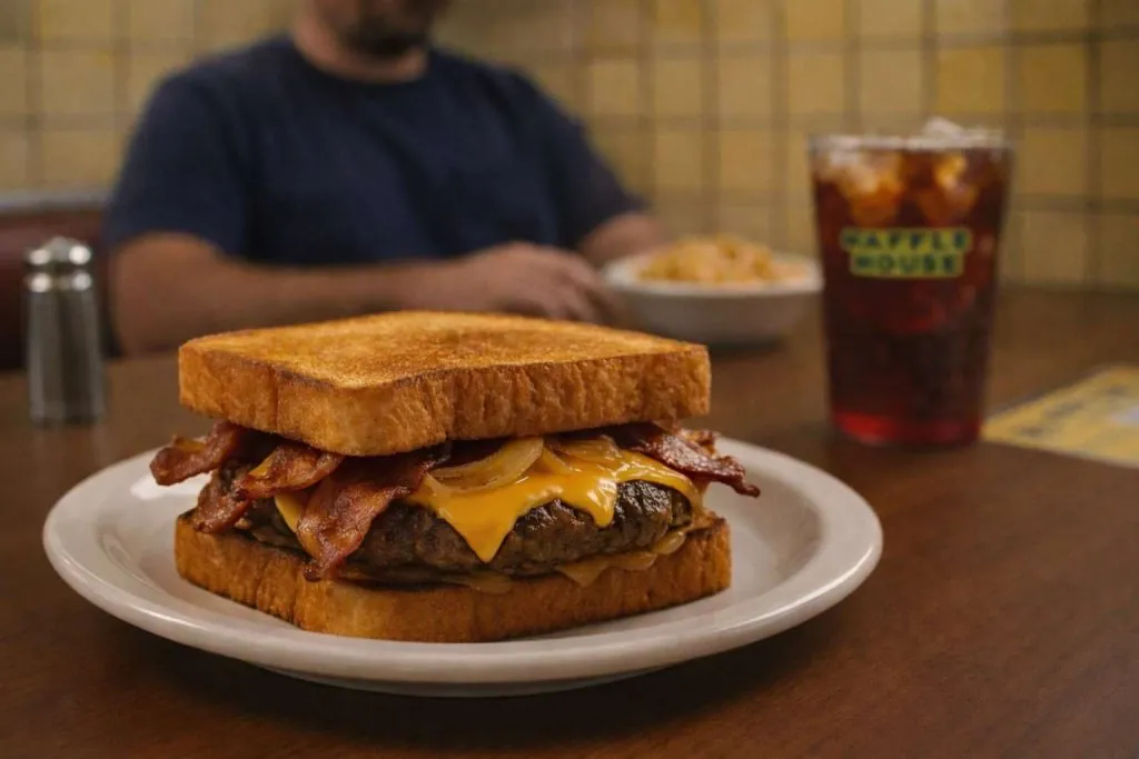 Waffle House Texas Bacon Patty Melt Price, Calories, and Nutrition Facts (2025 Guide) 1 Waffle House Texas Bacon Patty Melt served on golden Texas toast with bacon, melted American cheese, grilled beef patty, and onions on a diner table