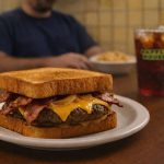 Waffle House Texas Bacon Patty Melt served on golden Texas toast with bacon, melted American cheese, grilled beef patty, and onions on a diner table