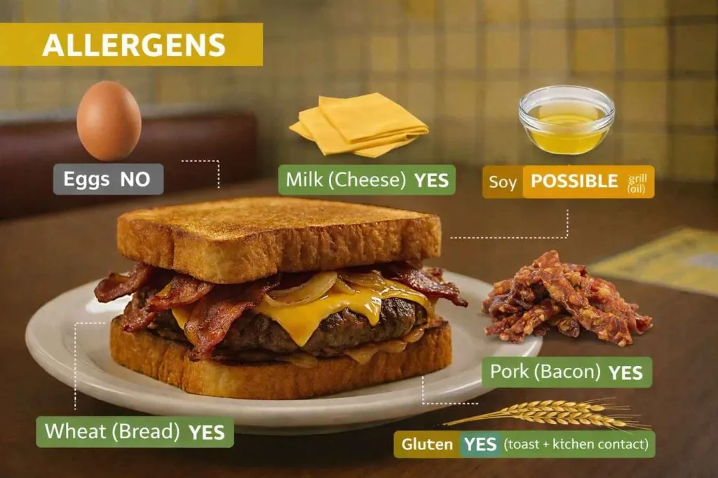 Waffle House Texas Bacon Patty Melt Price, Calories, and Nutrition Facts (2025 Guide) 2 Allergen chart for Waffle House Texas Bacon Patty Melt showing wheat, dairy, pork, gluten, and possible soy presence