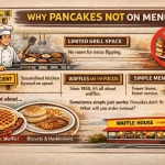 Infographic about the Waffle House Pancakes Menu explaining why Waffle House doesn’t serve pancakes, highlighting grill space limits, fast kitchen workflow, menu simplicity, waffle-focused branding, and showing pancake-style breakfast alternatives.