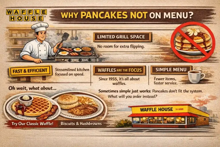 Waffle House Pancakes Menu. What’s Real, What’s Not, and What To Order Instead 18 Infographic about the Waffle House Pancakes Menu explaining why Waffle House doesn’t serve pancakes, highlighting grill space limits, fast kitchen workflow, menu simplicity, waffle-focused branding, and showing pancake-style breakfast alternatives.
