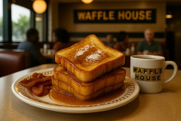 Waffle House French Toast Price, Calories, and Availability in 2025 9 Waffle House breakfast alternatives with Texas toast, waffles, eggs, and bacon served on a plate