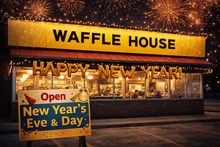 Warm nighttime view of a Waffle House during New Year, showing the restaurant open and illustrating Waffle House New Year hours for guests looking for late-night dining.