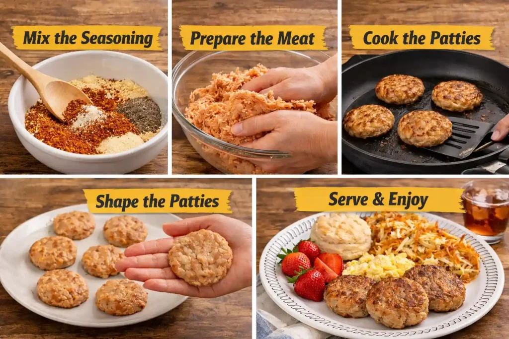 Step-by-step cooking guide showing how to make chicken sausage patties. The images display mixing the seasoning, preparing the meat, shaping the patties, cooking them in a skillet, and serving the finished breakfast plate.