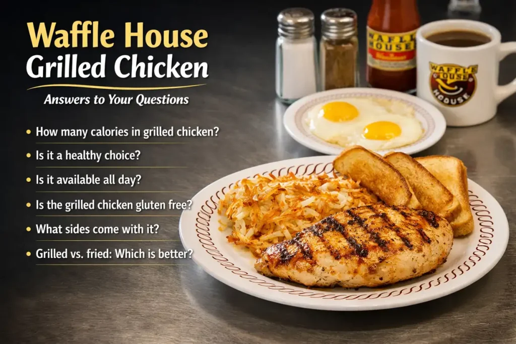 Waffle House Grilled Chicken served with hashbrowns, toast, and eggs on a classic diner plate