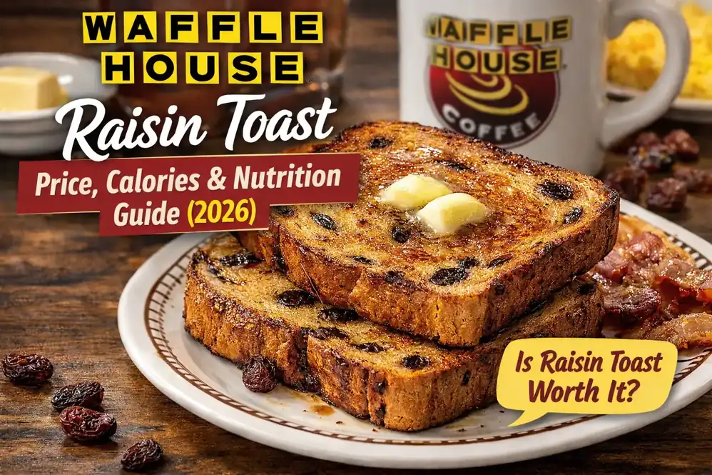 Waffle House raisin toast served buttered on a plate with coffee and breakfast sides, showing price and nutrition guide.