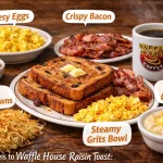 Waffle House raisin toast served with cheesy eggs, crispy bacon, hashbrowns, grits, and fresh coffee in a breakfast pairing layout