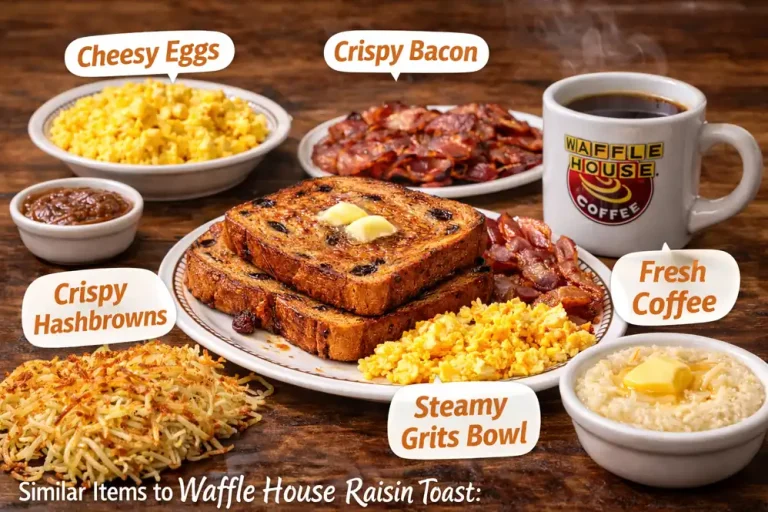 Waffle House raisin toast served with cheesy eggs, crispy bacon, hashbrowns, grits, and fresh coffee in a breakfast pairing layout