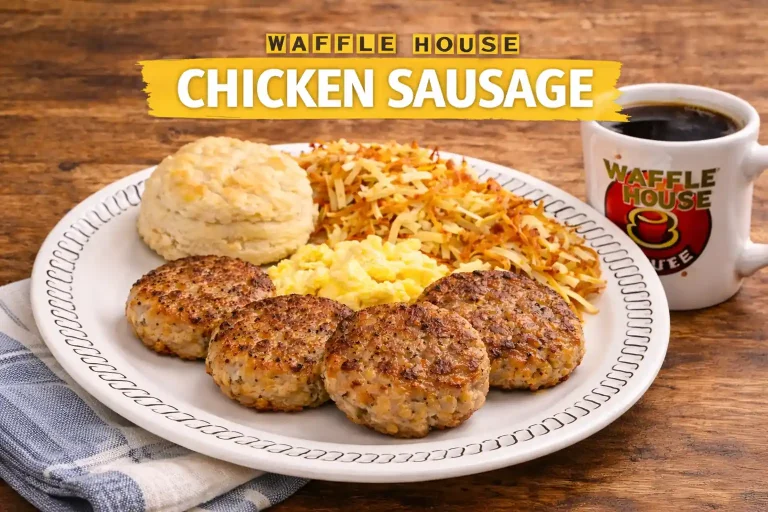 Feature image showing Waffle House Chicken Sausage served with scrambled eggs, hashbrowns, a biscuit, and a Waffle House coffee mug on a rustic table.