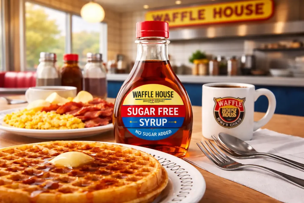 Waffle House Sugar Free Syrup: Price & Nutrition (2026 Guide) 1 Waffle House sugar free syrup served on a golden waffle with butter, alongside scrambled eggs, bacon, and coffee, inside a cozy Waffle House diner.