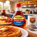 Waffle House sugar free syrup served on a golden waffle with butter, alongside scrambled eggs, bacon, and coffee, inside a cozy Waffle House diner.