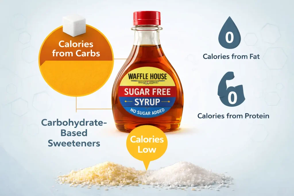 Waffle House Sugar Free Syrup: Price & Nutrition (2026 Guide) 2 Waffle House sugar- ree syrup calorie infographic showing calories from carbs, zero calories from fat and protein, and low total calories with carbohydrate-based sweeteners."