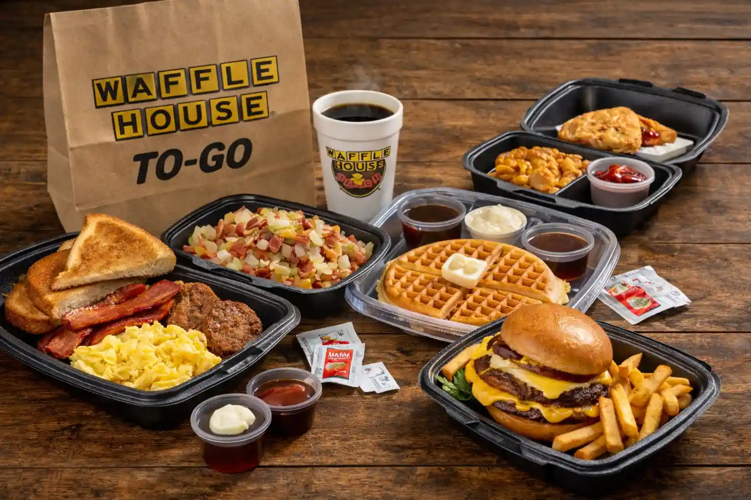Waffle House To Go Menu Prices. Simple, Fast, and Ready for Pickup 2 Waffle House to go meals packed in takeout containers with waffles, hashbrowns, burgers, and coffee"