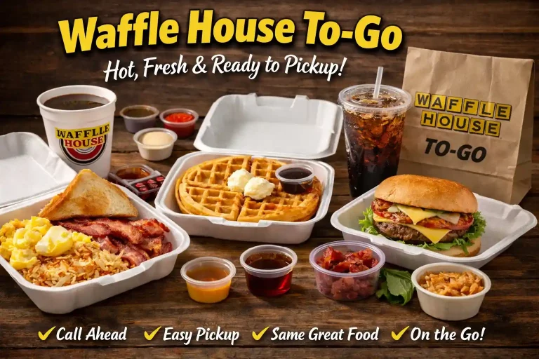 Waffle House to go banner showing takeout meals, waffles, burgers, coffee, and pickup options.