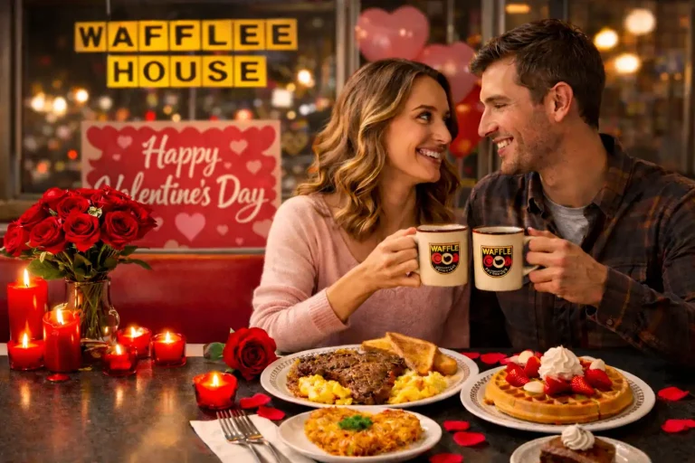 Waffle House for Valentine’s Day: A Cute, Budget-Friendly Date Idea 4 A couple enjoying coffee and breakfast at Waffle House for Valentine’s Day, sitting in a cozy booth with roses, candles, waffles, and heart-shaped hashbrowns.
