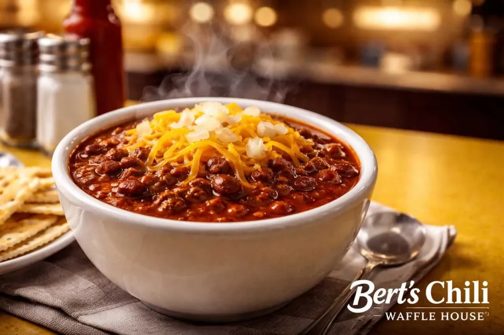 Bert’s Chili at Waffle House: A Clear Guide for Curious Diners 1 Steaming bowl of Bert’s Chili at Waffle House topped with melted cheddar cheese and chopped onions, served on a yellow diner counter with warm lighting.