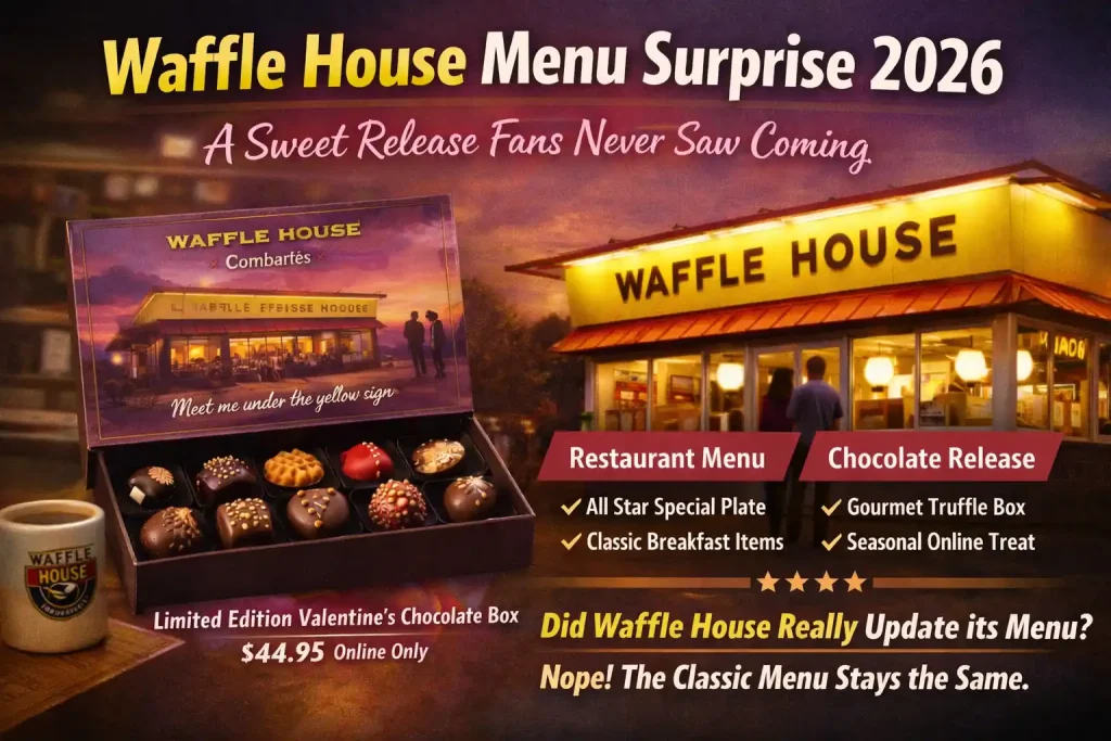Waffle House menu surprise 2026 graphic showing a limited edition Valentine chocolate truffle box and a Waffle House diner.